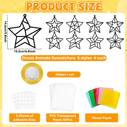 QOUBAI 32 Sets Stars Suncatchers Craft Back to School DIY Stained Glass Window Patriotic 4th of July Paper Craft Home School Classroom Decor Kid Birthday Gift Creative Art Activity Game - Colors A