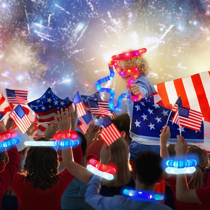 Fourth of July Glow Sticks Accessories for Kids 9 PCS, Red White Blue Light Up Pop Tubes Bracelets Necklaces Toys,4th of July Parade Throws Favors,250th Patriotic Party Supplies for Memorial Day Decor