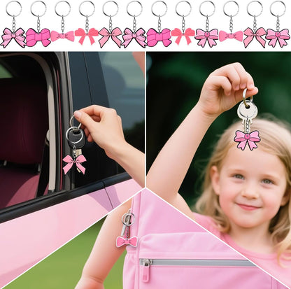122PCS Pink Bow Party Favors - 50 Stickers, 12 Keychain, 12 Button Badges, 12 Mini Notepads, 12 Slap Bracelets, 12 Rubber Bracelets, 12 Goodie Bags for Girls for Coquette Birthday Decorations