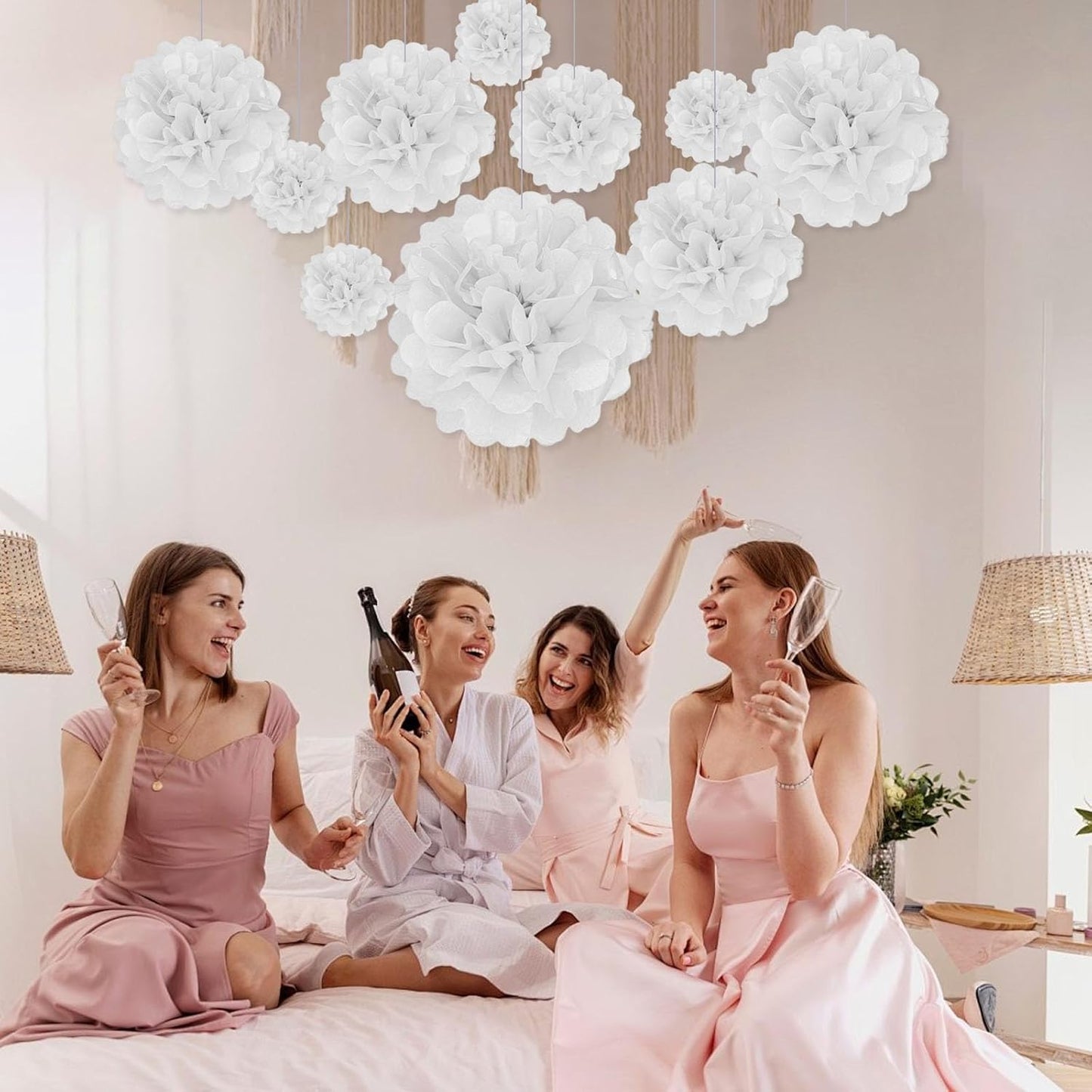Tissue Paper Pom Poms, Pink Tissue Paper Flowers, Hanging Flower Balls for Weddings Fiesta Parties Birthday Baby Showers Classroom Bridal Shower Decoration (18Piece Set-6/10/12/14Inch)