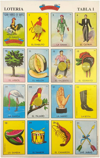Loteria Mexicana Tradicional Mini Don Clemente 20 Jugadores 160 Fichas - Mexican Bingo Medium Board Game Set 160 Counting Plastic Chips for 20 Players with Deck of 54 Cards and 20 Boards