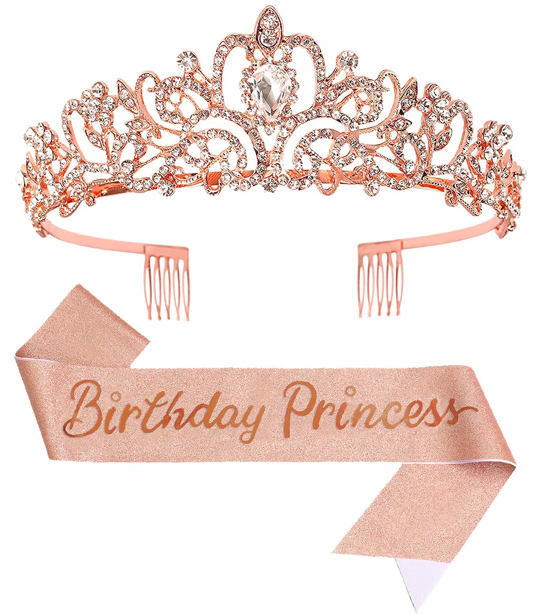 Birthday Tiara Crown with Sash for Women, Headband Hair Accessories for Wedding Party Costume