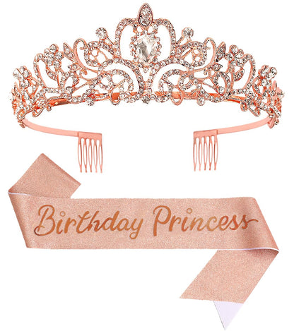 Birthday Tiara Crown with Sash for Women, Headband Hair Accessories for Wedding Party Costume