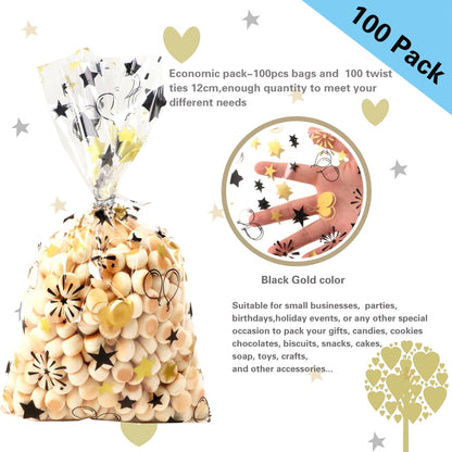 100 Pcs Star Printed 5"X 7" Gift Wrap Cello Cellophane Treat Bags Party Favor bags Clear Candy Cookie Bag Plastic Poly Goodie Storage Bag with Twist Ties for Bakery,Birthday, Wedding ,Party Decorations (Gold)