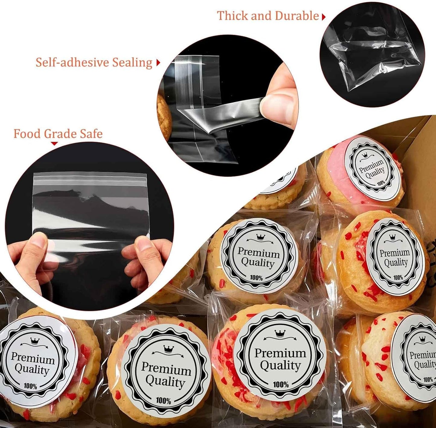 300 PCS Clear Cellophane Cookies Bags Self Sealing with 4x6"（150 PCS）& 5x7"（150 PCS) - Resealable Plastic Treat Bags Self Adhesive for Packaging Cookies, Party Favors, Bakery