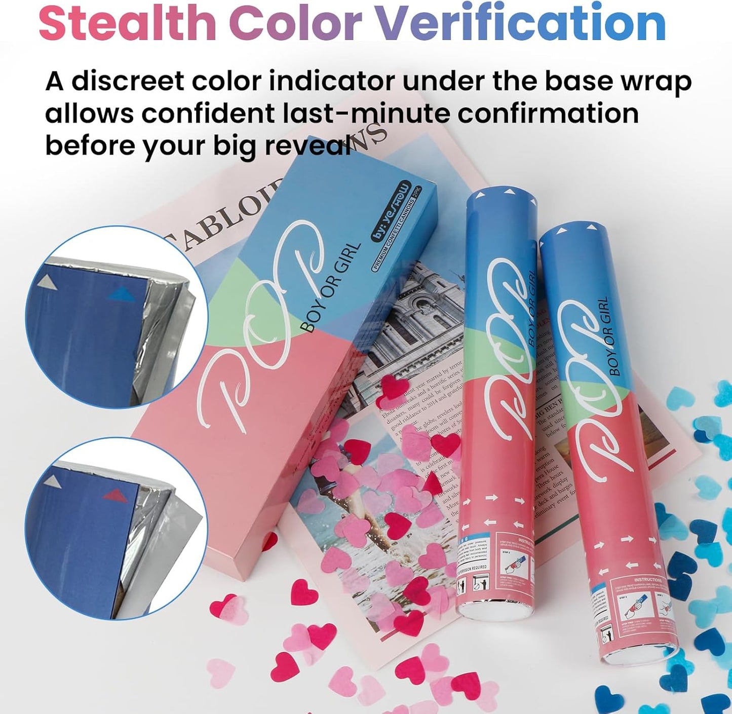 Gender Reveal Confetti Poppers, Blue Confetti Cannon 2 Pack with Heart Shaped Party Confetti for Baby Shower, Birthday, Gender Reveal Party Supplies - 12 inch