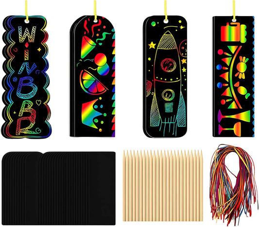 48 Set Bookmark Making Kit,4 Styles Magic Rainbow Bookmarks Craft Kit with Ribbon and Bamboo Pen,Scratch Paper Art Sets for Party Bag Fillers