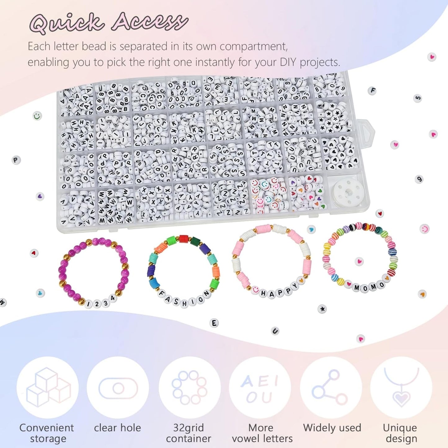 Amaney 1400pcs Glow Letter Beads, Heart Beads Whit Elastic Beading Cord,4x7mm Round Acrylic Alphabet Beads for Friend Bracelet Jewelry Making