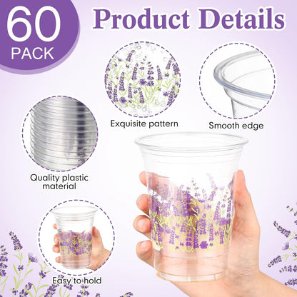 Hushee 60 Pcs Purple Floral Cups with Spring Summer Flower 16 oz Wildflowers Plastic Disposable Drinking Cups for Summer Spring Birthday Baby Shower Wedding Party Supplies