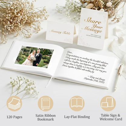 Guest Book for All Occasions – White Hardcover with Gold Foil, 120 Acid-Free Blank Pages, Includes Table Sign & Welcome Card | 8.66x6.69 Sign-in Book for Wedding, Party & Memorial