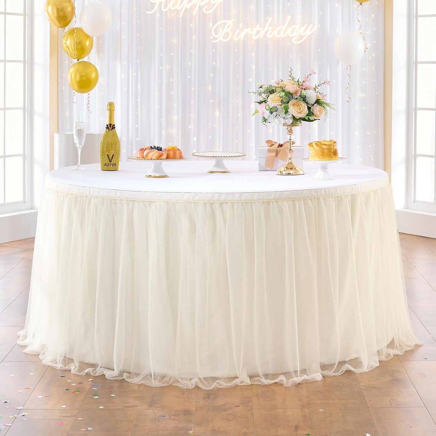 72inch Champagne Gold Tulle Table Skirts for Rectangle Round Tables, Gold Grim Ruffle Tulle Tutu Cloth Table Skirt 6ft for Wedding Birthday Party Cake Dessert Decor(No Top Cover)