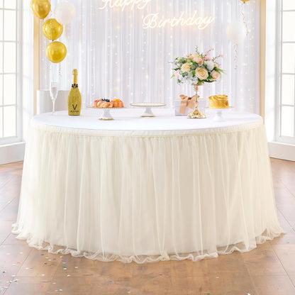 72inch Champagne Gold Tulle Table Skirts for Rectangle Round Tables, Gold Grim Ruffle Tulle Tutu Cloth Table Skirt 6ft for Wedding Birthday Party Cake Dessert Decor(No Top Cover)