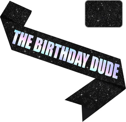 Vuzvuv Glitter Black The Birthday Dude Sash with Iridescent Foil Letter for Men and Boys, Funny Party Decorations for Boyfriend, Son, Brother,Husband
