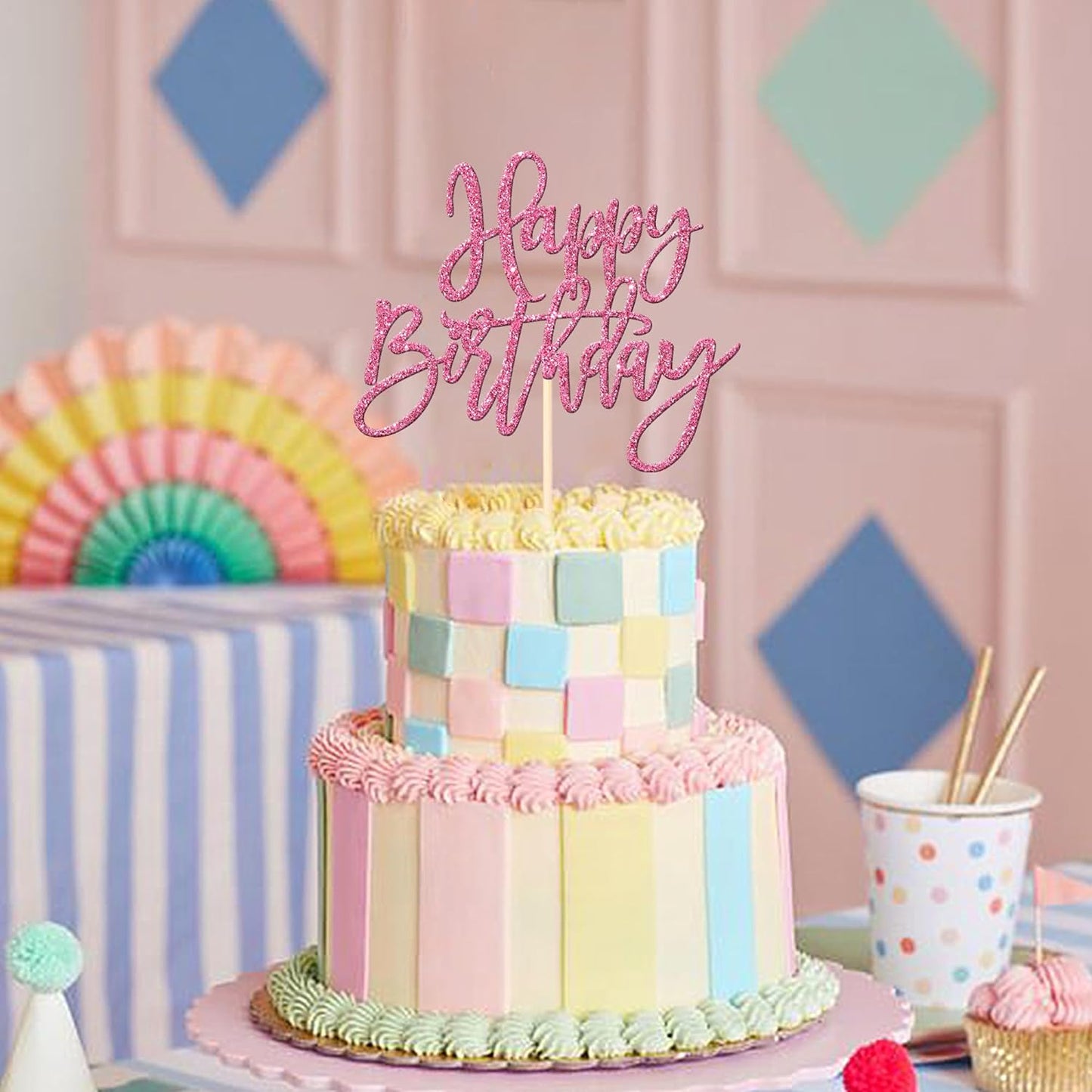ZHUOWEISM 1 PCS Gold Happy Birthday & Anniversary Cake Topper