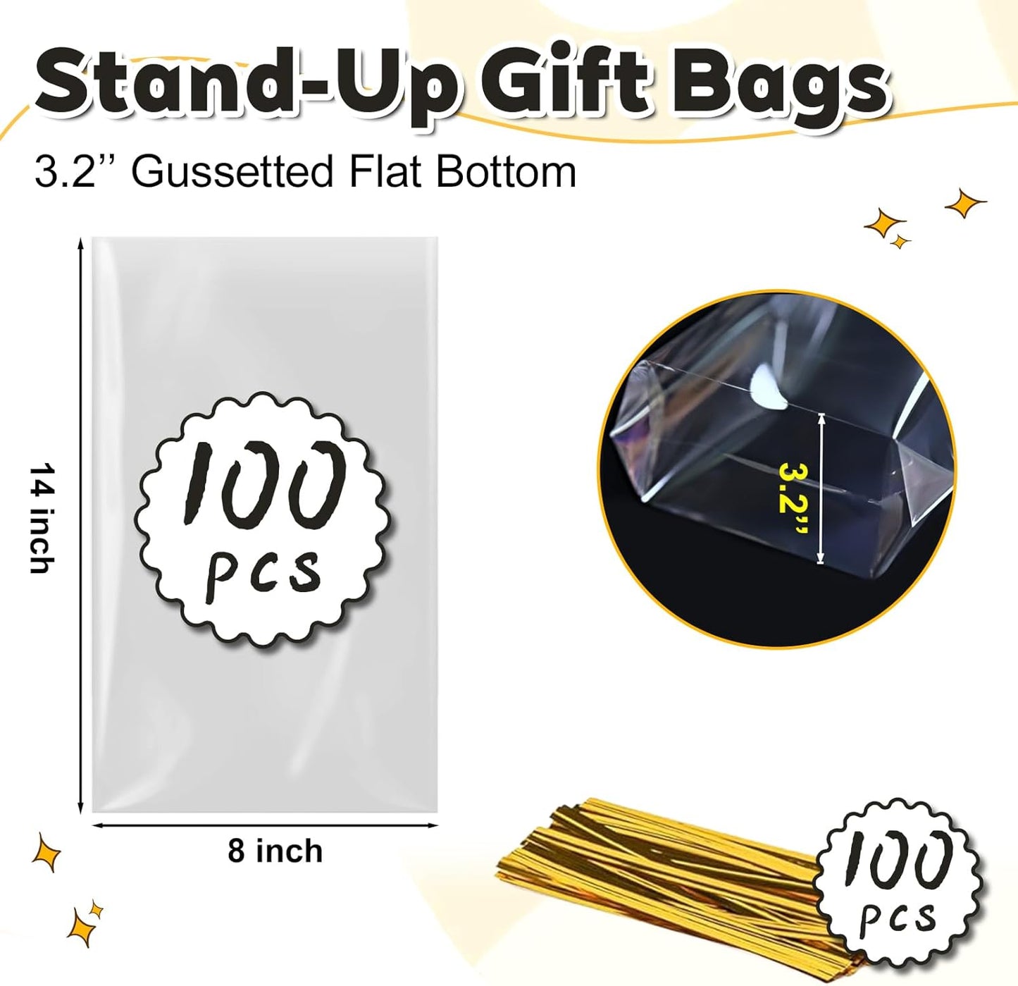 PigPotParty Cellophane Treat Bags 6x9 Inch, 50 Pack Clear Goodie Bags with Bottom Gusset for Stand-Up Display, Small Plastic Gift Wrap for Cookies, Candy, Party Favors, Popcorn, Includes 50 Gold Ties