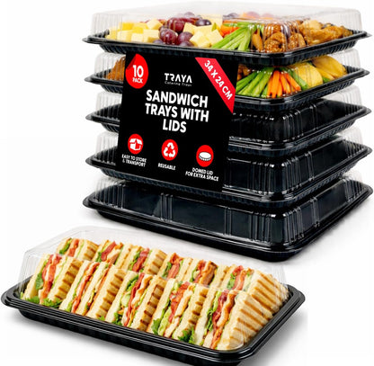 TRAYA Pack of 6 Serving Tray with lid - Reusable Catering Trays with Lids 13'' Long for Meal Prep, Cakes, Treats and Sandwiches (13.39 × 9.84 × 2.95 inch)