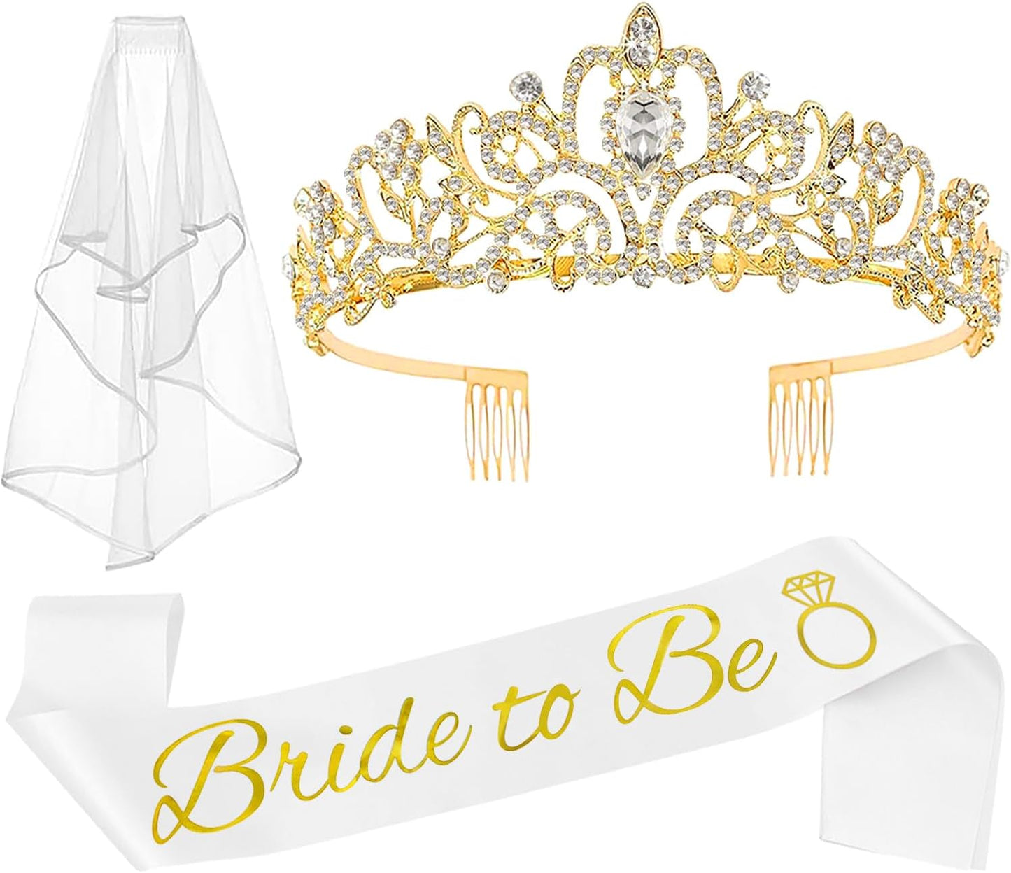 JETKONG 3 Pcs Bachelorette Party Decorations Bridal Shower Crown, Bride to Be Sash&Veil for Women Bachelorette Party Gifts, Bachelorette Party Supplies, Gifts, Favors (Rose Gold)