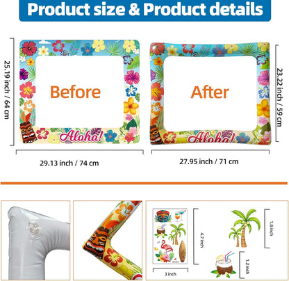 Hawaii Luau Photo Booth Props Inflatable Selfie Frame with 3 Sheets Temporary Tattoos-27.9x23.2 Inch Hawaiian Photo Booth Props Luau Photobooth Frame for Tropical Summer Beach Party Decorations