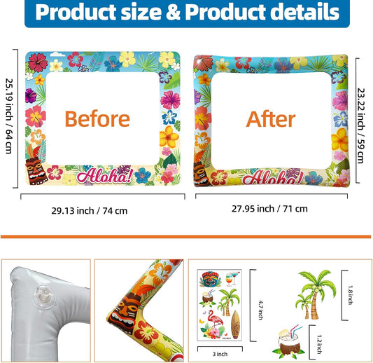 Hawaii Luau Photo Booth Props Inflatable Selfie Frame with 3 Sheets Temporary Tattoos-27.9x23.2 Inch Hawaiian Photo Booth Props Luau Photobooth Frame for Tropical Summer Beach Party Decorations