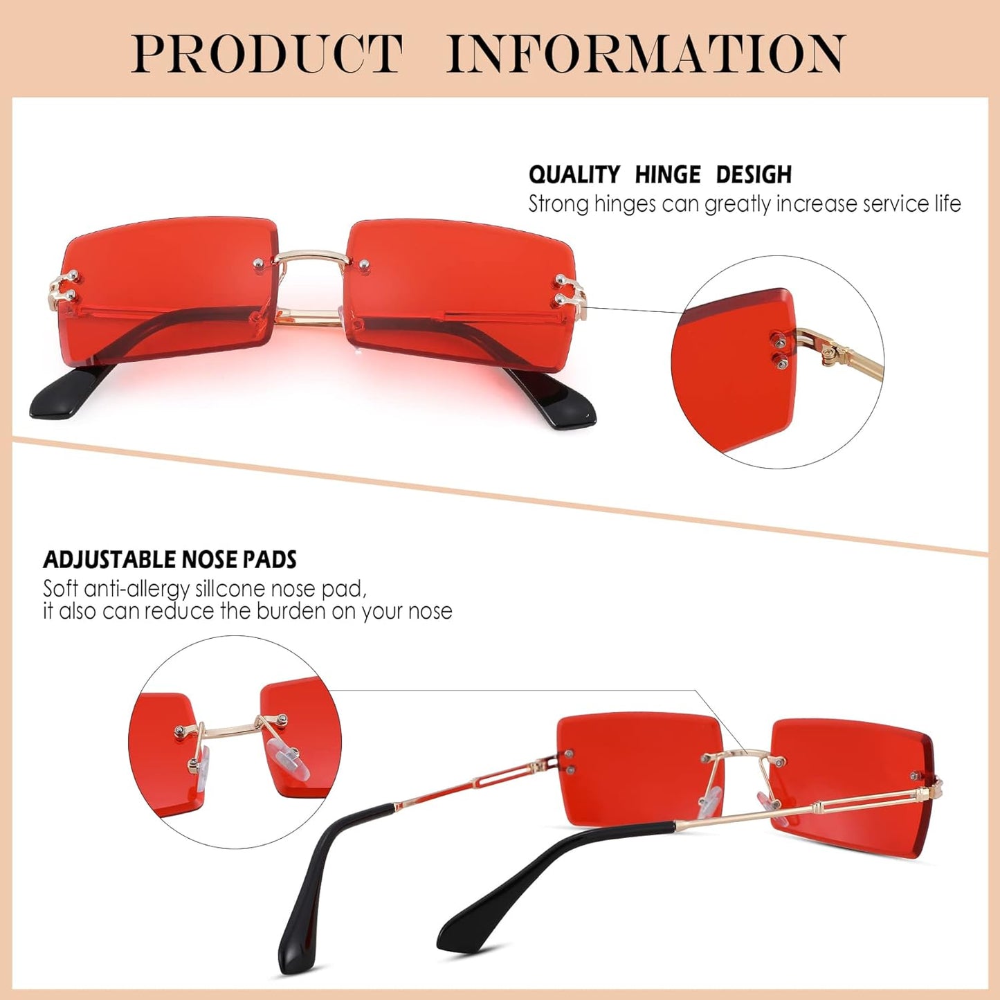 Rectangle Sunglasses for Men/Women Small Rimless Square Shade Eyewear