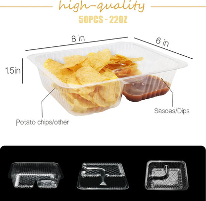 50 PC Nacho Trays Disposable, 12oz Plastic Nacho Containers with Chip and Dip Holder, 6x5 In 2 Compartments Clear Snack Trays for Kids,Parties, Movie Night Supplies (Plastic-50pc)