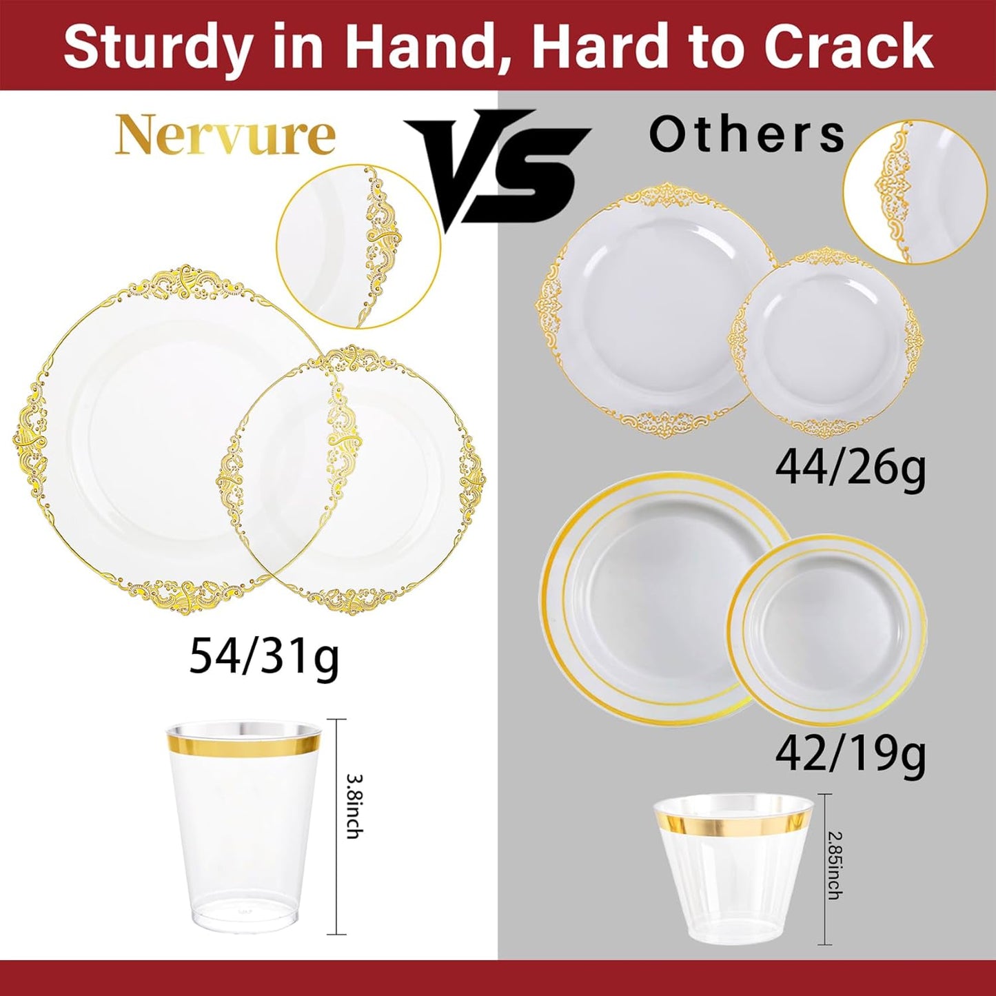 Nervure 350PCS Gold Plastic Plates - Gold Plastic Dinnerware Sets for 50 Guests - 100 Disposable Plates, 150 Silverware, 50 Cups, 50 Napkins for Wedding & Party & Mothers Day