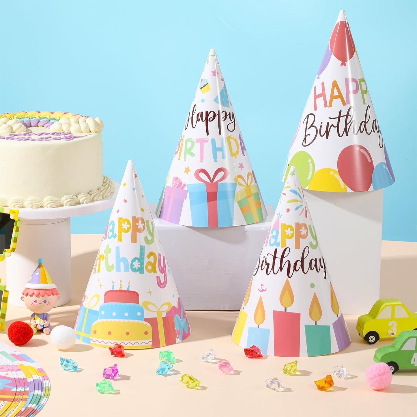 Lonfliness 32Pcs Colorful Party Hats for Kids Happy Birthday Cone Paper Hats Classroom Celebration Supplies Favors