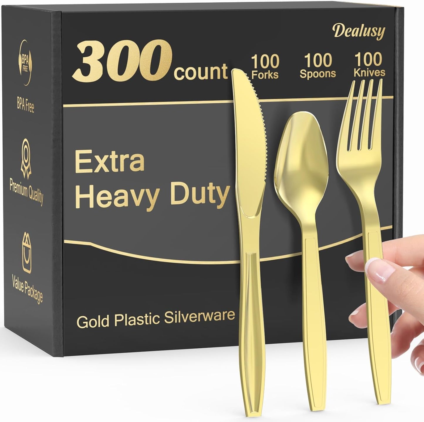 Dealusy 300 Count Extra Heavy Duty Clear Plastic Silverware, 100 Forks, 100 Spoons, 100 Knives, BPA-Free, Heat Resistant, Disposable Plastic Utensils Set, Plastic Cutlery Set, Plasticware Bulk