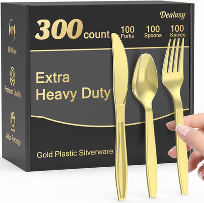 Dealusy 300 Count Extra Heavy Duty Clear Plastic Silverware, 100 Forks, 100 Spoons, 100 Knives, BPA-Free, Heat Resistant, Disposable Plastic Utensils Set, Plastic Cutlery Set, Plasticware Bulk