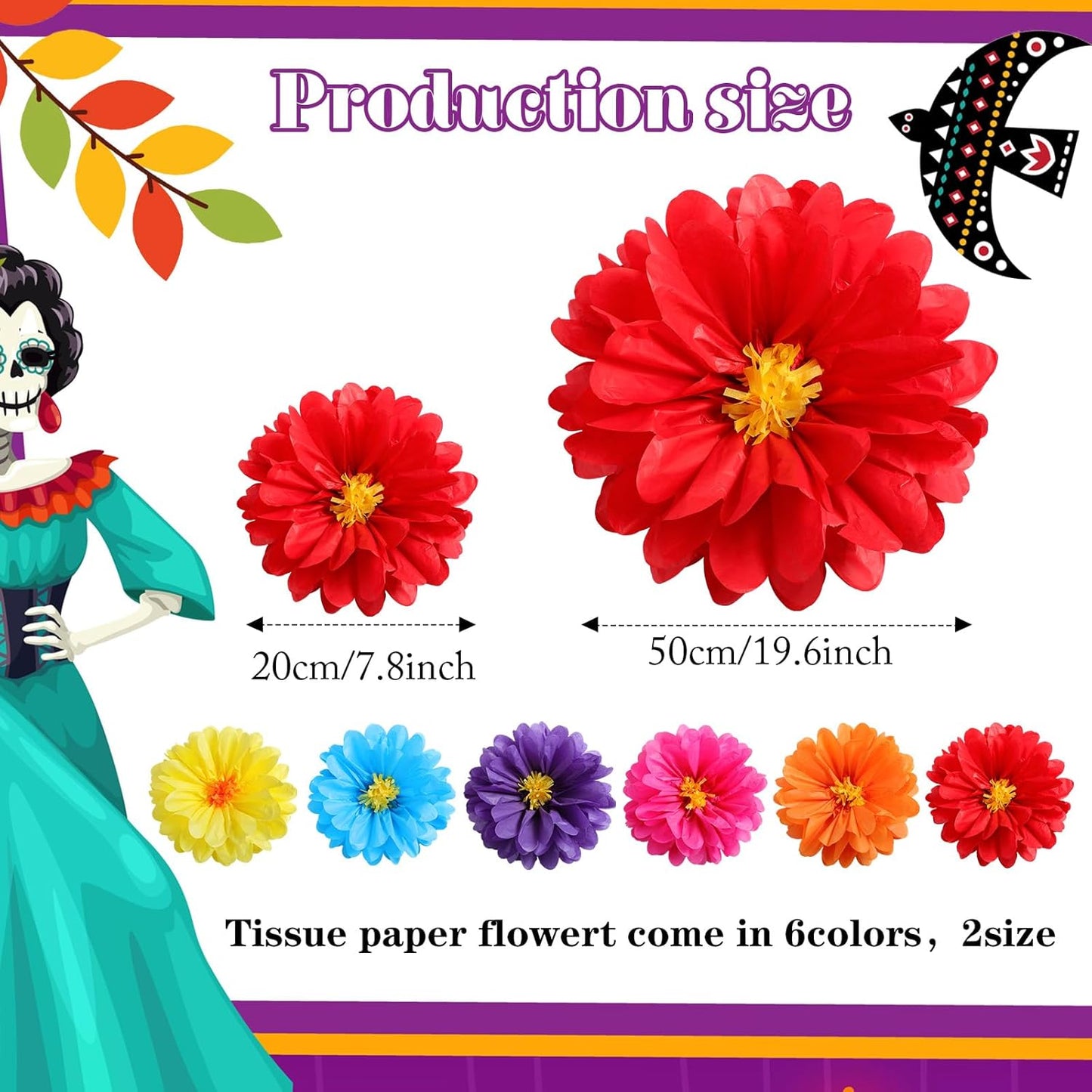 Watersay 12 Pcs 10" 20" Giant Mexican Fiesta Paper Flowers Colorful Tissue Crepe Flowers Pom Poms Craft for Floral Party Backdrop Wedding Birthday Party (Dusty Color)