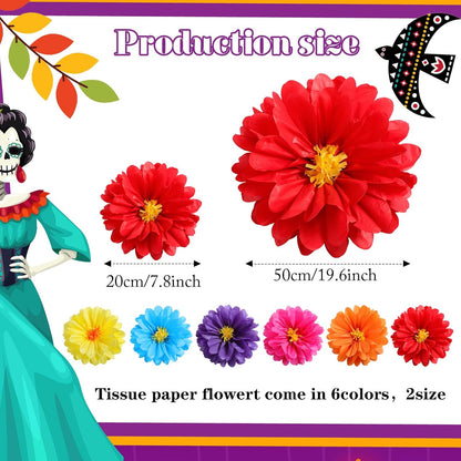 Watersay 12 Pcs 10" 20" Giant Mexican Fiesta Paper Flowers Colorful Tissue Crepe Flowers Pom Poms Craft for Floral Party Backdrop Wedding Birthday Party (Dusty Color)
