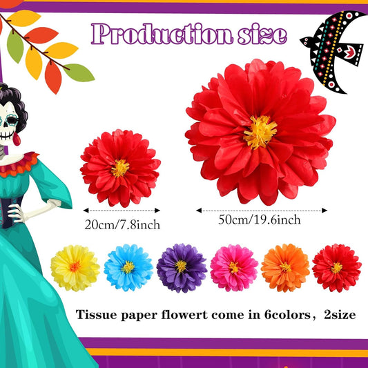 Watersay 12 Pcs 10" 20" Giant Mexican Fiesta Paper Flowers Colorful Tissue Crepe Flowers Pom Poms Craft for Floral Party Backdrop Wedding Birthday Party (Dusty Color)