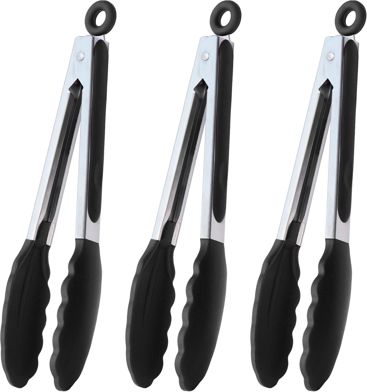 HINMAY Serving Tongs 9-Inch Cooking Tongs with Silicone Tips, Set of 3 (Black)