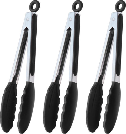 HINMAY Serving Tongs 9-Inch Cooking Tongs with Silicone Tips, Set of 3 (Black)