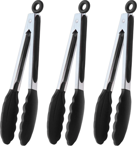 HINMAY Serving Tongs 9-Inch Cooking Tongs with Silicone Tips, Set of 3 (Black)