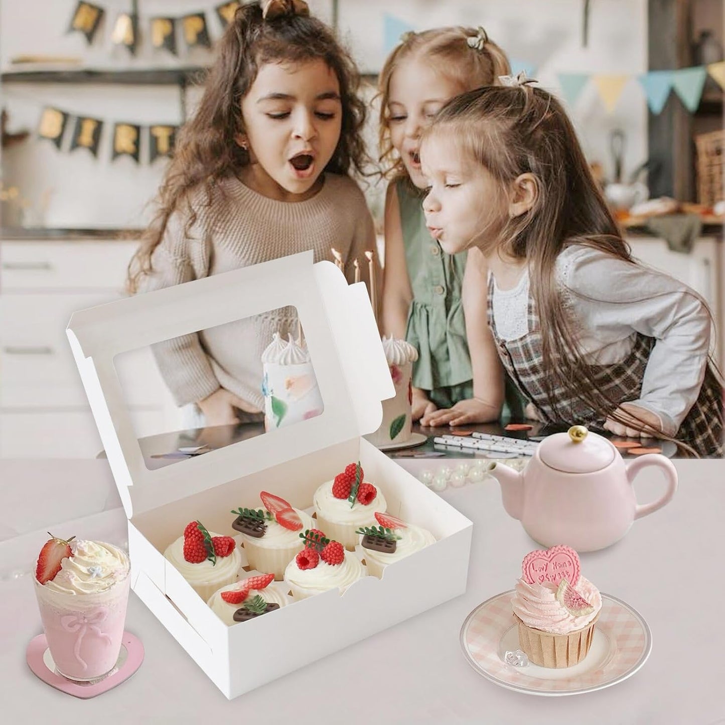 30 Pcs Cupcake Boxes with Clear Window, 9.4'' X6.3'' X3'', Food Grade Materials, Easy Assembly - Containers for Muffins, Cookies, Candies, and Bakeries