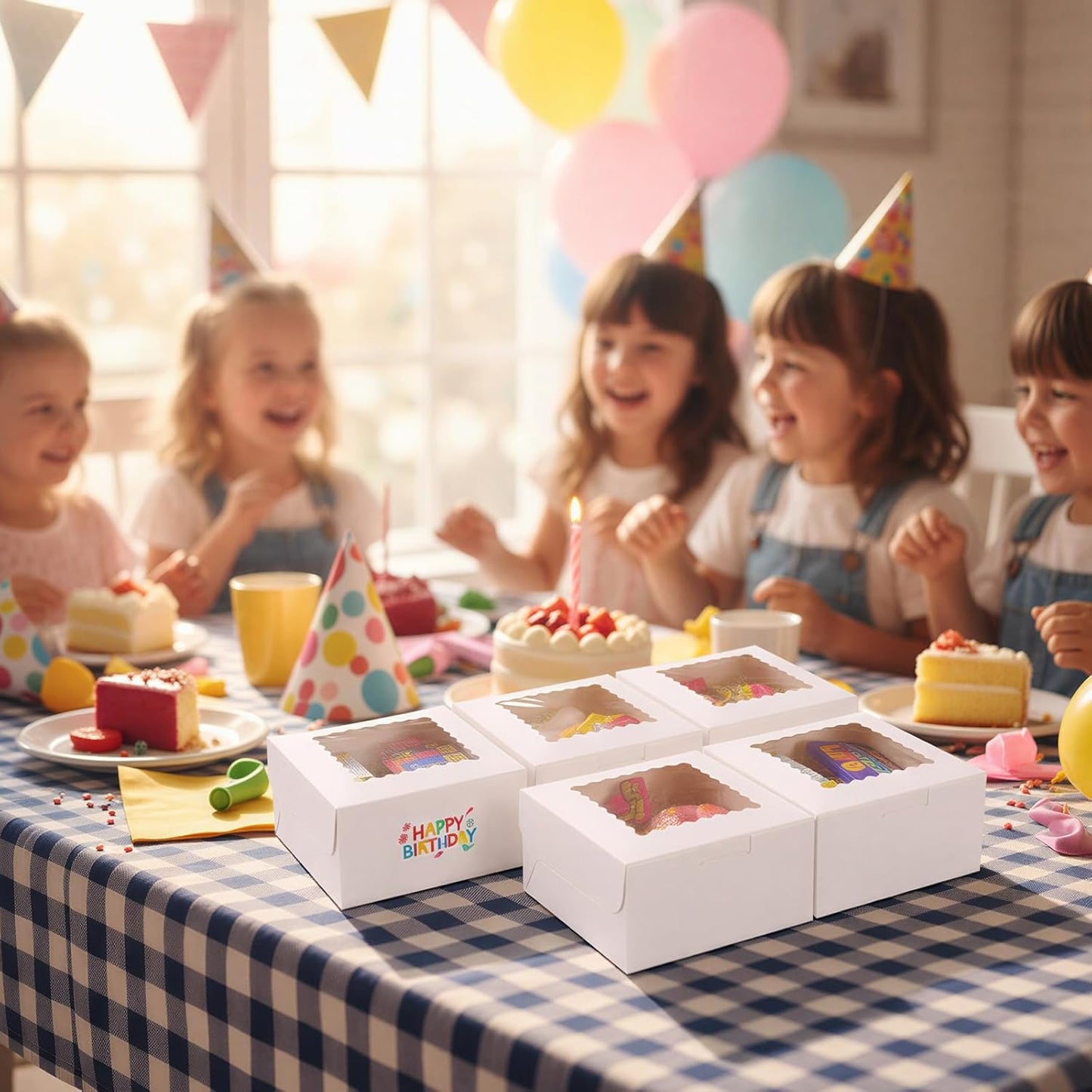 TOMNK 16pcs Cookie Boxes with Window, 6x6x3 Inches Bakery Boxes for Treats, Chocolate Covered Strawberries, Cupcake, Pastry(with Stickers)