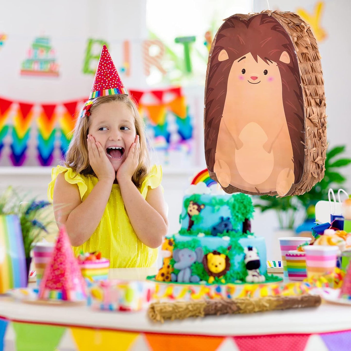 Sratte Piñata Bundle with a Blindfold and Bat (16 x 12 x 3 Inches), Cute Animal Piñata for Birthday Party Toys Decoration for Animal Theme Birthday Party Game Supplies Photo Prop(Giraffe)