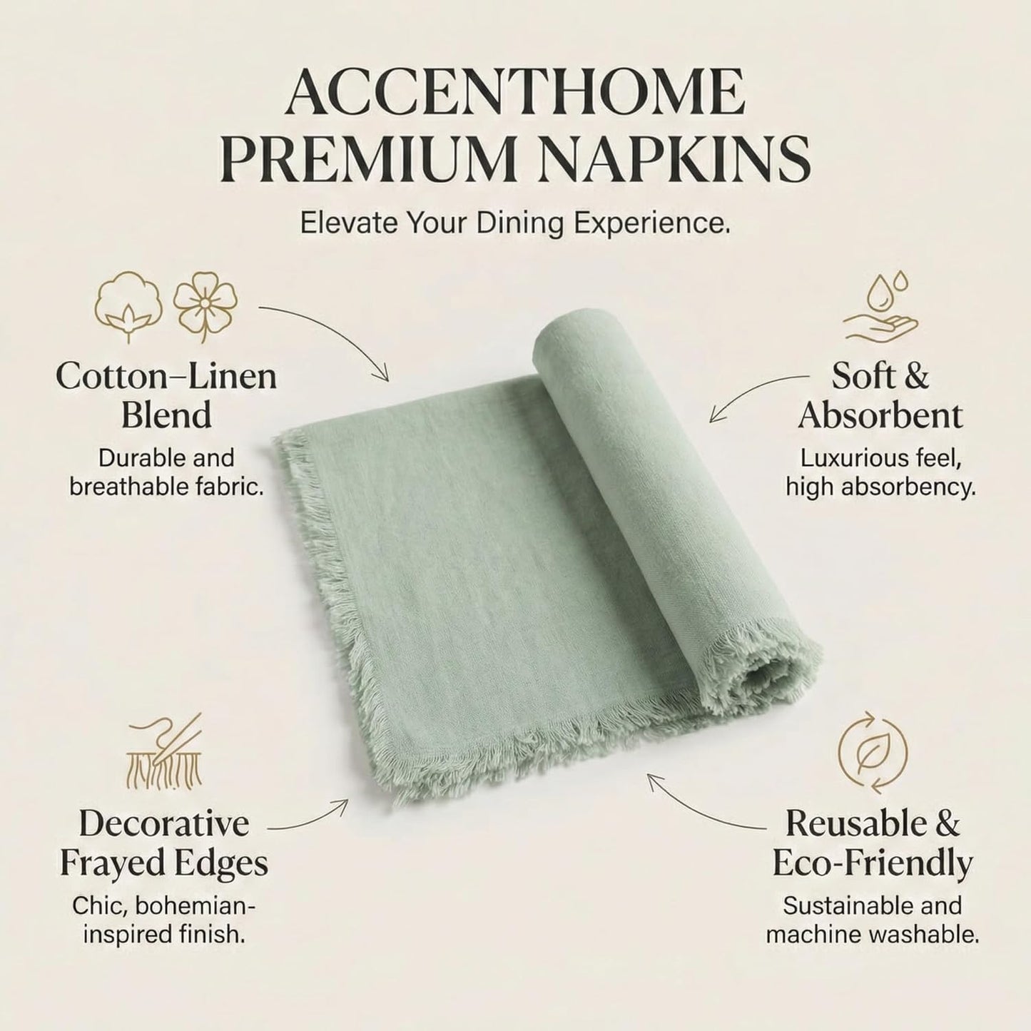 ACCENTHOME Natural Cotton Linen Napkin Set of 12 18x18 inch Dinner Napkins - Washable Soft Premium Hotel Quality Reusable Hemmed Edges Napkins Perfect Table Linens for Family Dinners, Weddings