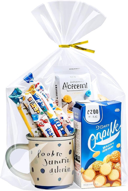 PigPotParty Cellophane Treat Bags 6x9 Inch, 50 Pack Clear Goodie Bags with Bottom Gusset for Stand-Up Display, Small Plastic Gift Wrap for Cookies, Candy, Party Favors, Popcorn, Includes 50 Gold Ties