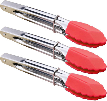 HINMAY Small Tongs with Silicone Tips 7-Inch Mini Serving Tongs, Set of 6 (Green Red Blue Purple Pink Orange)
