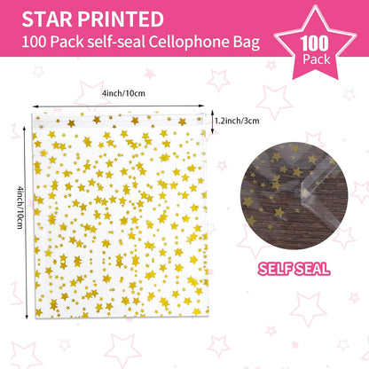 100 Pcs Star Printed 5"X 7" Gift Wrap Cello Cellophane Treat Bags Party Favor bags Clear Candy Cookie Bag Plastic Poly Goodie Storage Bag with Twist Ties for Bakery,Birthday, Wedding ,Party Decorations (Gold)