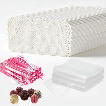 Basquei Cake Pop Sticks 6 Inches, Cake Pop Bags (3.9"X4.7"), Pink Metallic Twist Ties, 300 Pcs Cake Pop Kit Used for, Lollipops Cake, Candies, Chocolates Making Tools