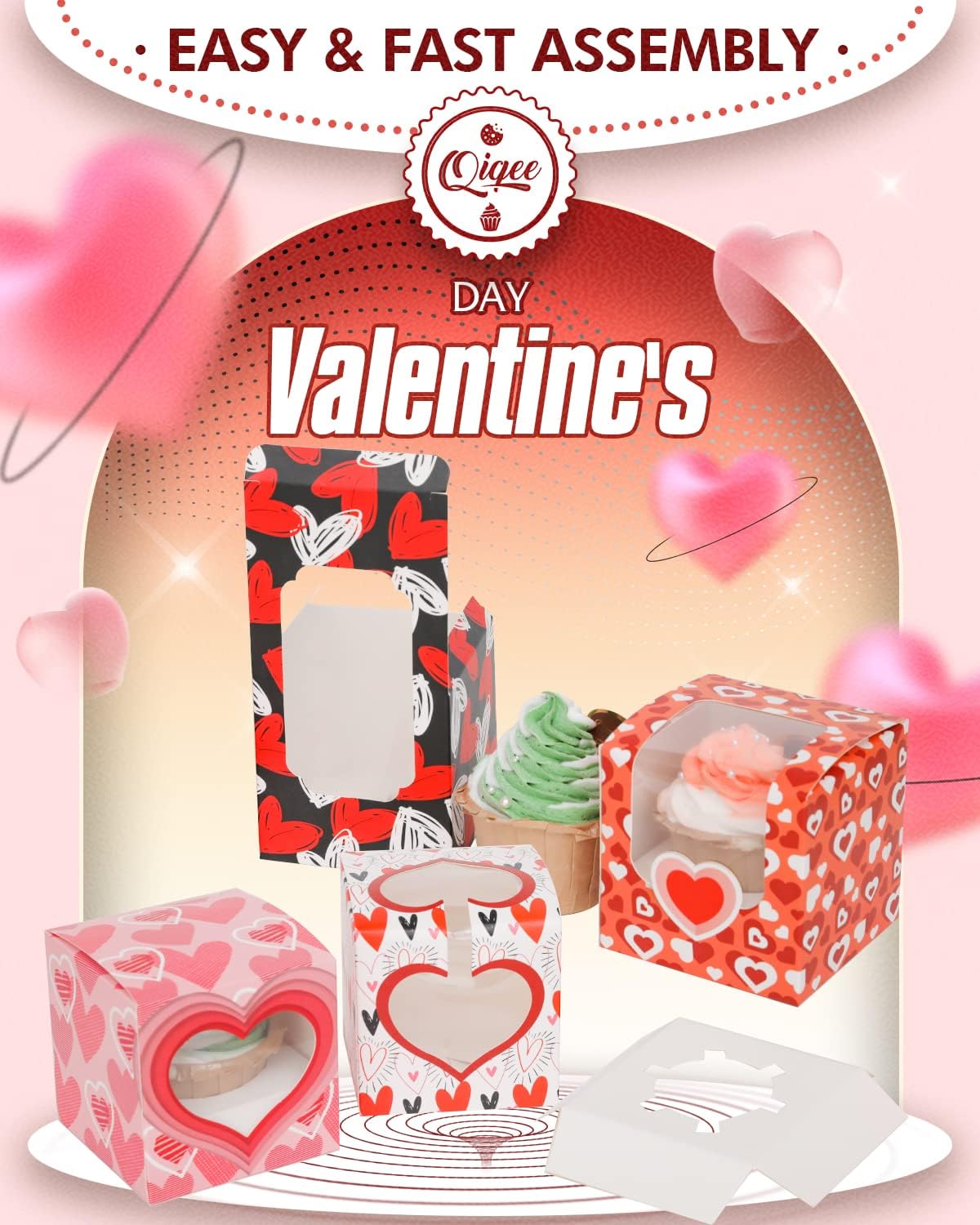 qiqee 60-Packs Cupcake Boxes Auto-pop up Individual Cupcake Container White 3.5" x 3.5" x 3.5" Single Cupcake Boxes