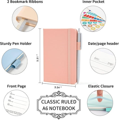 feela 6 Pack Pocket Small Notebooks Bulk, Mini Cute Memo Notepads Hardcover College Ruled Lined Journals with Pen Holder for Women Girls Office School, with 6 Black Pens, 3.5”x 5.5”, A6, Rose Pink