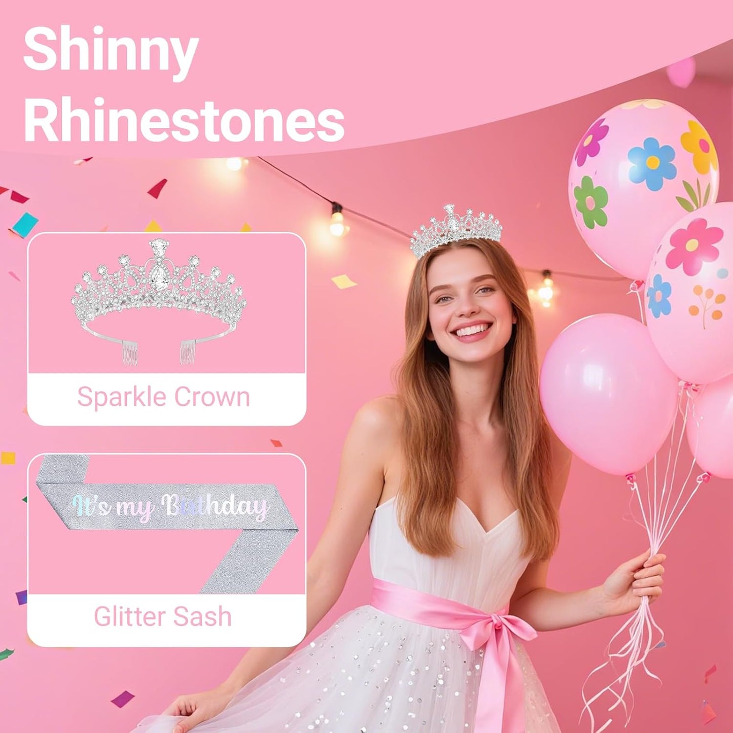 Birthday Tiara and Crown with Sash, Birthday Tiara for Women Party Silver