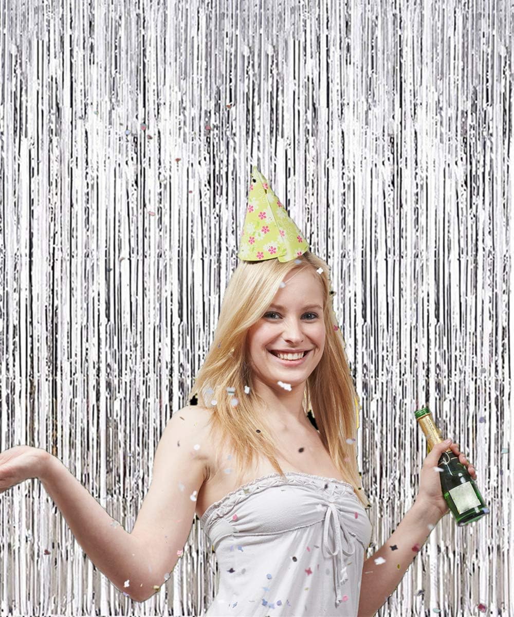 i-CHONY 2 Pcs 3.2ft x 8.2ft Champagne Gold Metallic Tinsel Foil Fringe Curtains Photo Booth Backdrop for Baby Shower Birthday Wedding Holiday Celebration Bachelorette Party Decorations