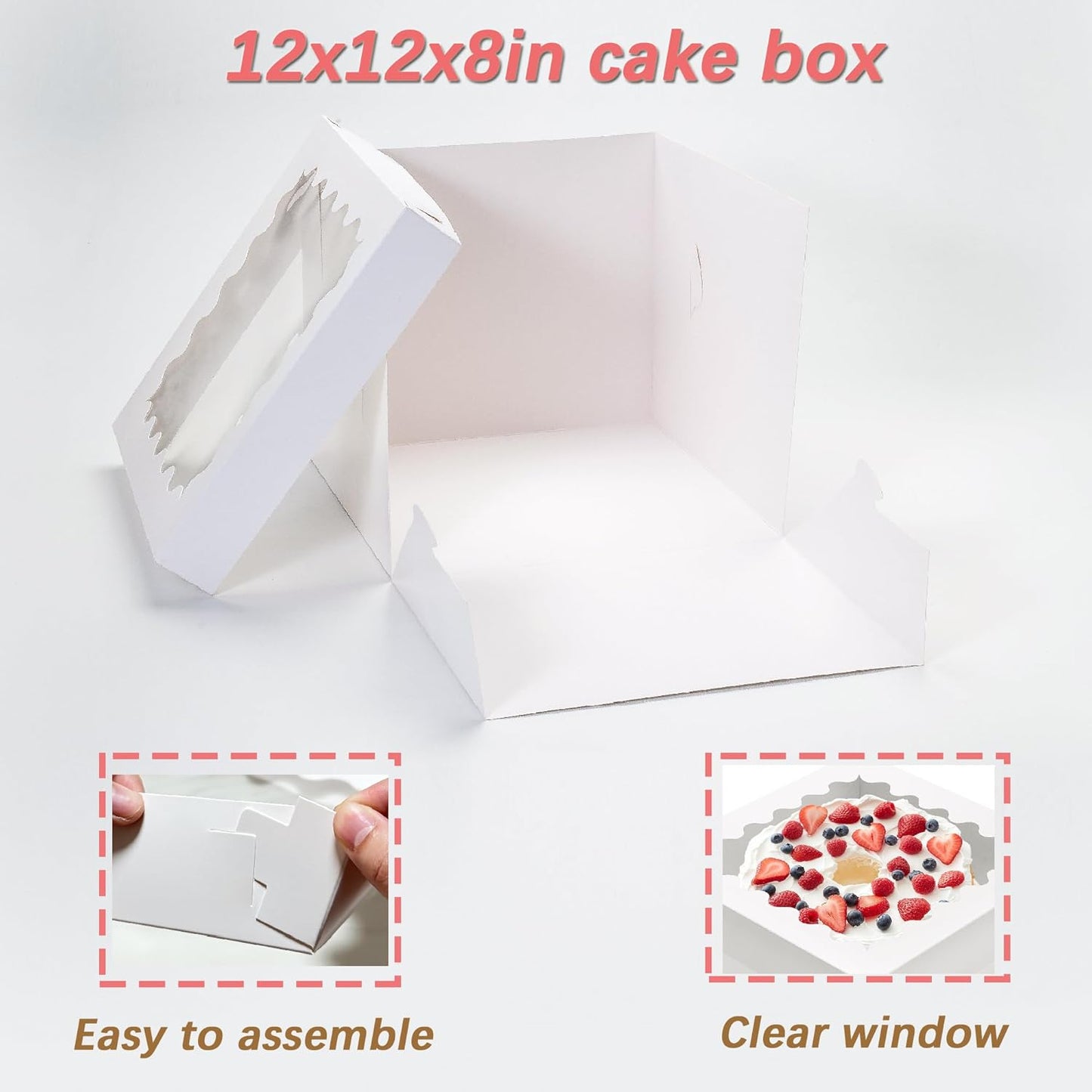 10pcs Cake Boxes 12 Inch, 12x12x8in White Bakery Boxes with Window,10in 12in Cake Boxes, Large Baking Boxes,Disposable Cake Containers with Lids