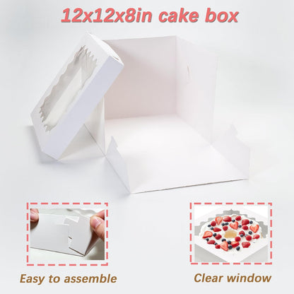 10pcs Cake Boxes 12 Inch, 12x12x8in White Bakery Boxes with Window,10in 12in Cake Boxes, Large Baking Boxes,Disposable Cake Containers with Lids