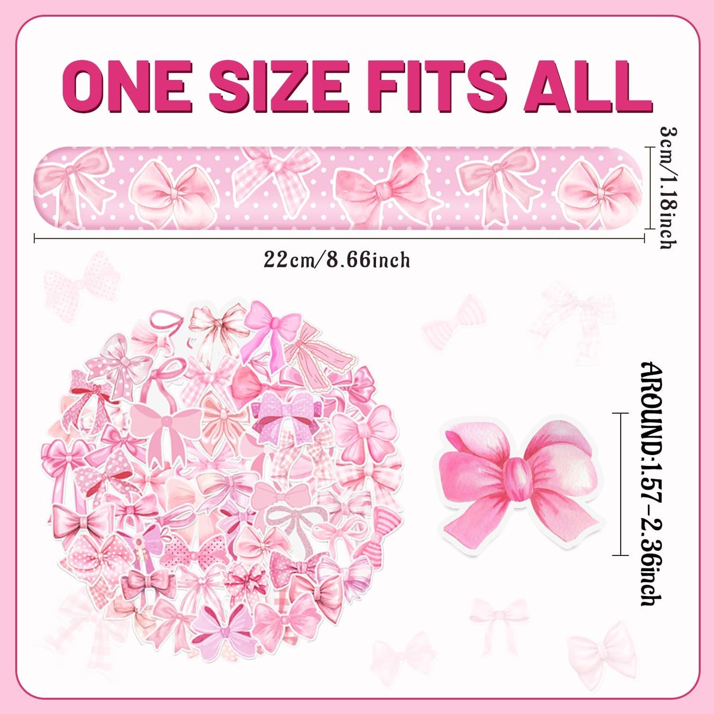 74 PCS Coquette Party Favors - 50 Pink Bow Stickers, 24 Slap Bracelets - Birthday Decorations Supplies for Kids, Girls, Women